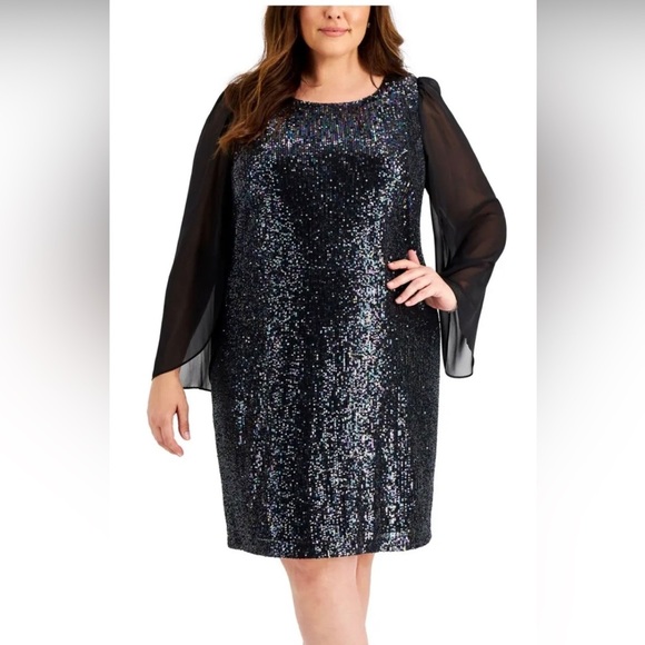 Women’s Formal Dress Navy CONNECTED APPAREL Chiffon Long Sleeves Sheath Sequins - Picture 4 of 9